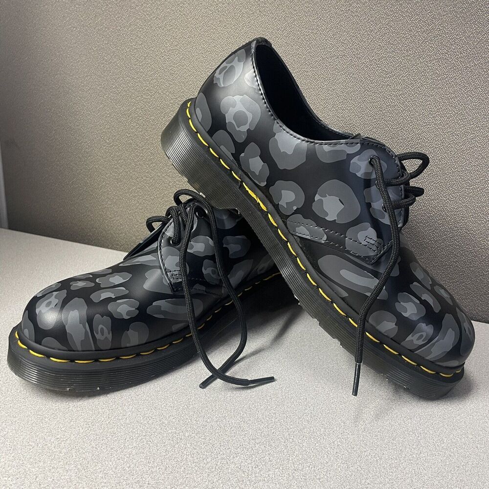 Doc Dr Martens Womens Leather Oxford Shoes Size 8‎ Skull Leopard Camo Black NEW